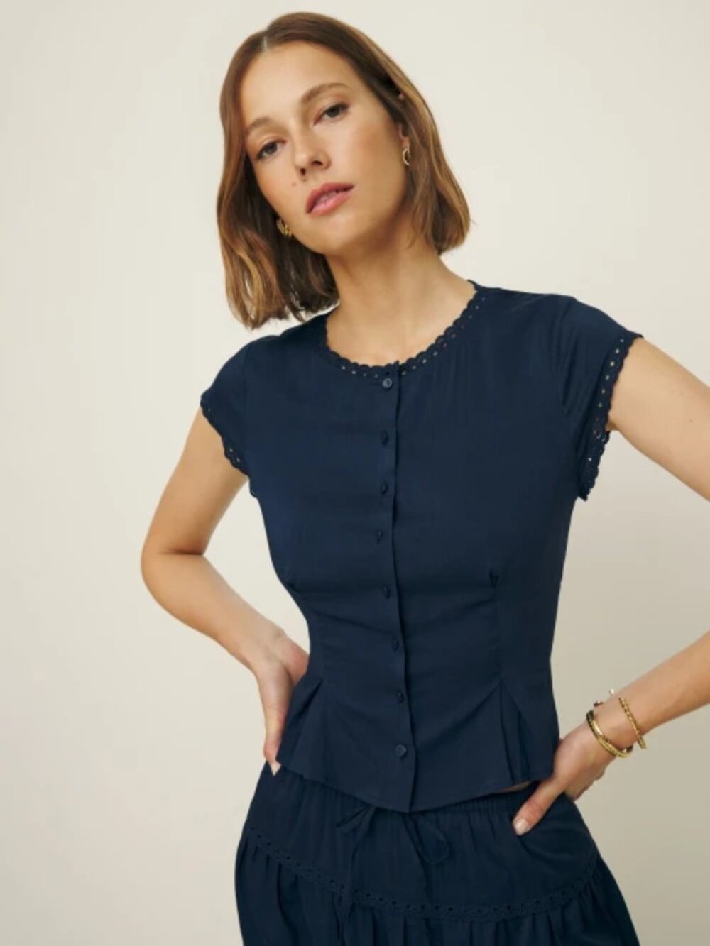 NWOT Reformation Valetta Two Piece in Navy Blue Top Mini Skirt Cotton Size 4 - Picture 6 of 6